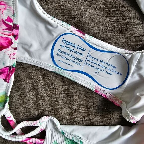 TiniBikini White & Pink Tropical Ruffle Off-Shoulder Ribbed Bikini Top & Bottoms - Picture 5 of 16